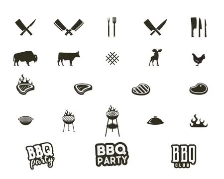 Vector Steak house and grill silhouette textured icons. Black shapes isolated on Illustrazione stock
