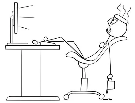 Vector Stick Man Cartoon of Man Sitting Exhausted in Front of the Computer wi Illustrazione stock