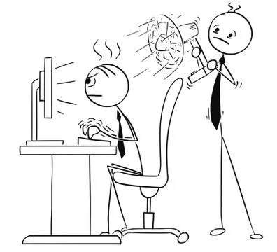 Vector Stick Man Cartoon of Man Hard Working on the Computer and Second Man C Stock Illustration