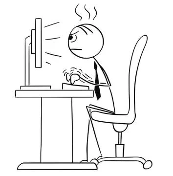 Vector Stick Man Cartoon of Man Working Typing Hard on the Computer Stock Illustration