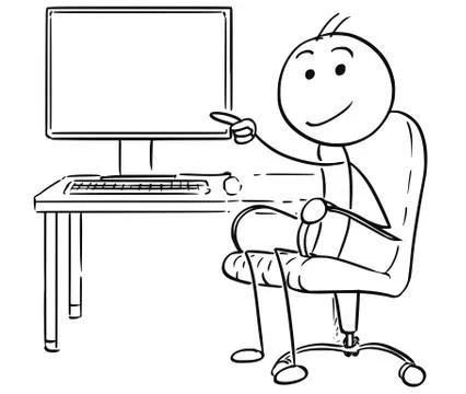 Vector Stick Man Cartoon of Man Pointing at Empty Computer Screen Display Stock Illustration