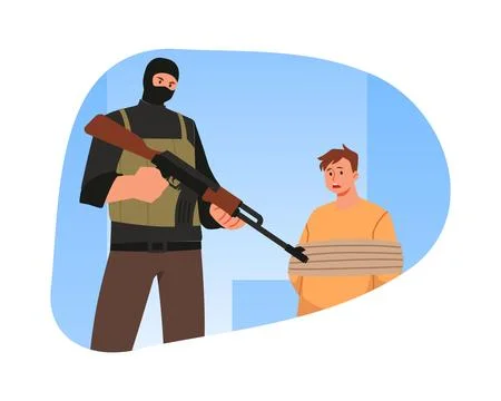 Vector sticker for Anti-Terrorism Day with a hostage-taking scene. Stock Illustration