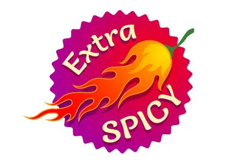 Vector sticker with chili pepper in fire for spicy food. Banner of chilli pep Stock-Illustration