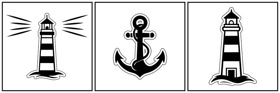 Vector sticker collection featuring black silhouettes of an anchor with rope Stock Illustration