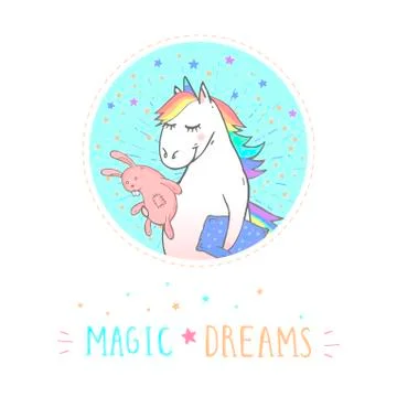 Vector sticker or icon with hand drawn cute unicorn, bunny toy Stock Illustration
