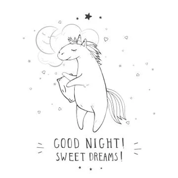 Vector sticker or icon with hand drawn cute unicorn Stock Illustration