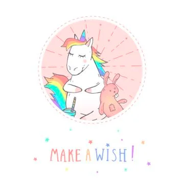 Vector sticker or icon with hand drawn cute unicorn Stock Illustration