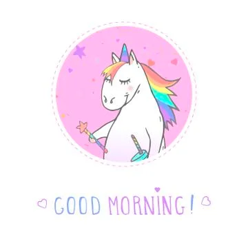 Vector sticker or icon with hand drawn cute unicorn Stock Illustration