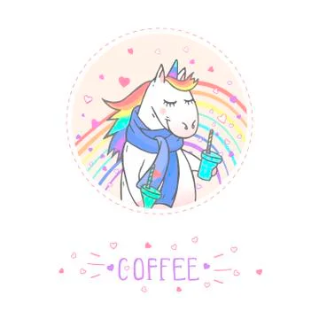 Vector sticker or icon with hand drawn cute unicorn Stock Illustration