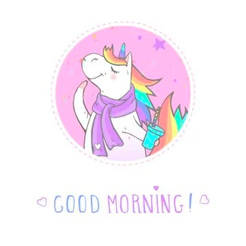 Vector sticker or icon with hand drawn cute unicorn Stock Illustration