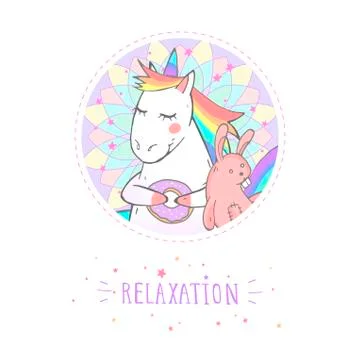 Vector sticker or icon with hand drawn cute unicorn Stock Illustration