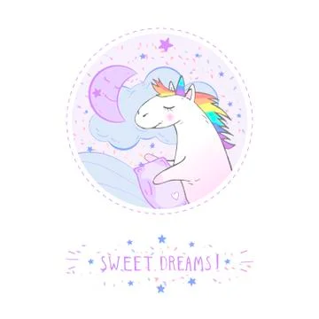 Vector sticker or icon with hand drawn cute unicorn Stock Illustration