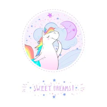 Vector sticker or icon with hand drawn cute unicorn Stock Illustration