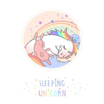 Vector sticker or icon with hand drawn sleeping unicorn, bunny toy and text - Stock Illustration