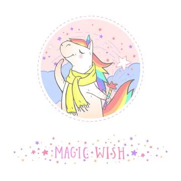 Vector sticker or icon with hand drawn cute unicorn in scarf,magic wand and t Stock Illustration