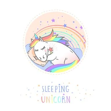 Vector sticker or icon with hand drawn sleeping unicorn,magic wand and text - Stock Illustration