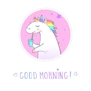 Vector sticker or icon with hand drawn cute unicorn, coffee and text - GOOD M Stock Illustration