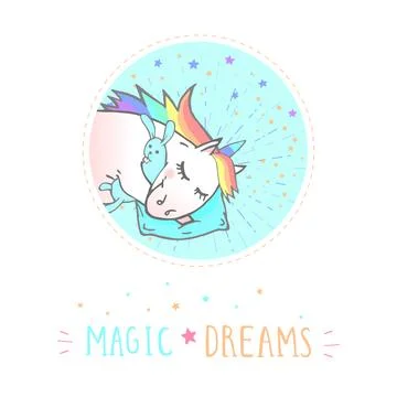 Vector sticker or icon with hand drawn sleeping unicorn, bunny toy and text - Stock Illustration