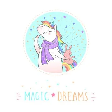 Vector sticker or icon with hand drawn cute unicorn in scarf, bunny toy and t Stock Illustration