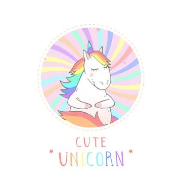Vector sticker or icon with hand drawn cartoon unicorn and text - CUTE UNICOR Stock Illustration