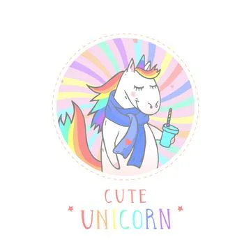 Vector sticker or icon with hand drawn cartoon unicorn in scarf, coffee and t Stock Illustration