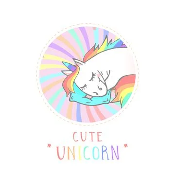 Vector sticker or icon with hand drawn sleeping unicorn, stars and text - CUT Stock Illustration