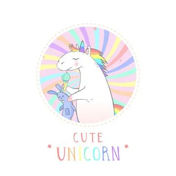 Vector sticker or icon with hand drawn cartoon unicorn, bunny toy and text -  Stock Illustration