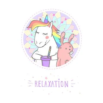 Vector sticker or icon with hand drawn cute unicorn, toy rabbit, coffee and t Stock Illustration