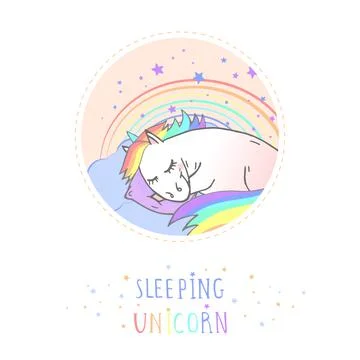 Vector sticker or icon with hand drawn sleeping unicorn, pillow and text - SL Stock Illustration