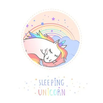 Vector sticker or icon with hand drawn sleeping unicorn, pillow and text - SL Stock Illustration