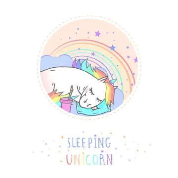Vector sticker or icon with hand drawn sleeping unicorn, coffee and text - SL Stock Illustration