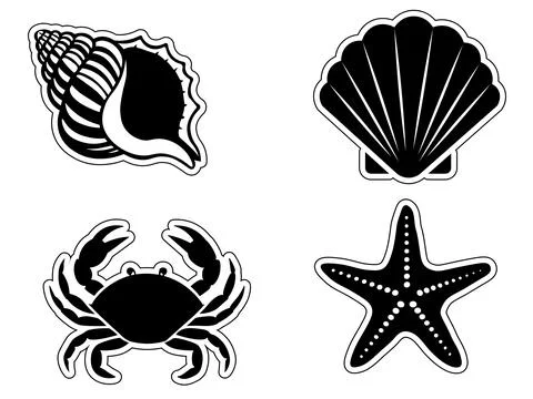 Vector sticker pack featuring black silhouettes of a crab, starfish, scallop Stock Illustration