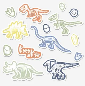 Vector sticker set with dinosaur skeleton isolated on a white background. Stock Illustration