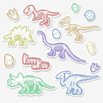 Vector sticker set with dinosaur skeleton isolated on a white background. Stock Illustration