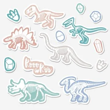 Vector sticker set with dinosaur skeleton isolated on a white background. Stock Illustration
