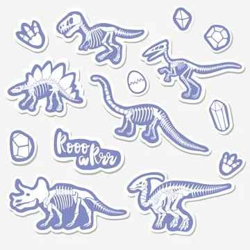 Vector sticker set with dinosaur skeleton isolated on a white background. Stock Illustration