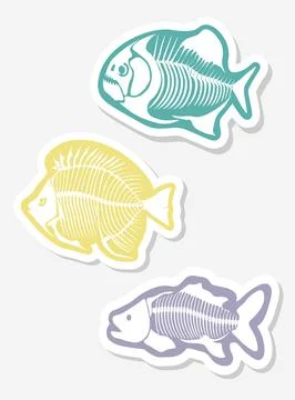 Vector sticker set with fish skeleton isolated on a white background. Stock Illustration