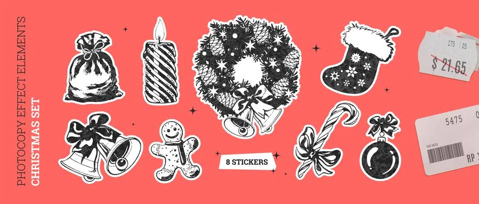 Vector sticker set with holiday elements and photocopy effect. Stock Illustration