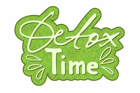 Vector Sticker with vegetable texture and Detox Time text isolated on white Stock Illustration