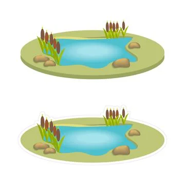 Vector sticker with a white outline of a lake with reeds Stock Illustration