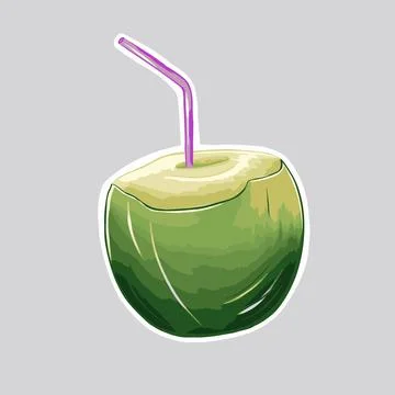 A vector sticker with a white rim on which a coconut fruit with a straw on a Stock Illustration