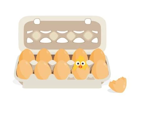 Vector stickers with chicken among eggs on white isolated background. Stock Illustration