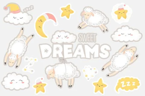 Vector stickers collection with cute hand drawn cartoon clouds, moon, stars a Stock Illustration