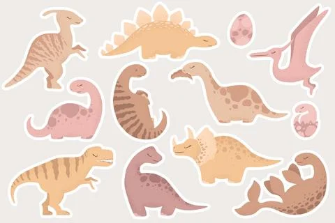 Vector stickers collection with cute hand drawn cartoon dinosaurs isolated .. Stock Illustration
