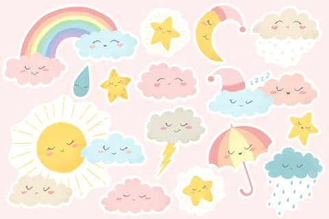 Vector stickers collection with hand drawn cartoon sun, moon, rainbow, umbrel Stockillustratie