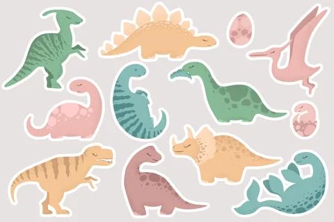 Vector stickers collection with hand drawn cartoon dinosaurs isolated on gr.. Stock Illustration