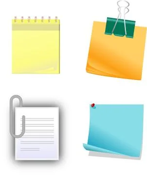 Vector of sticky notes and paper clip, isolated on white background. Stock Illustration