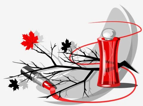 Vector still life with a bottle of perfume, lipstick, branch and marple leaves Stock Illustration