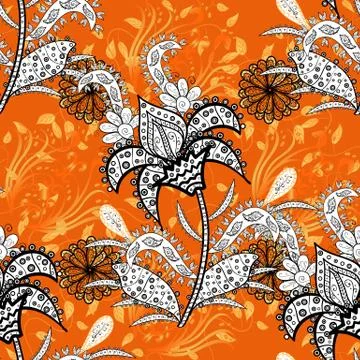 Vector - stock. Seamless pattern with orange, white and black flowers, watercolo Stockillustratie