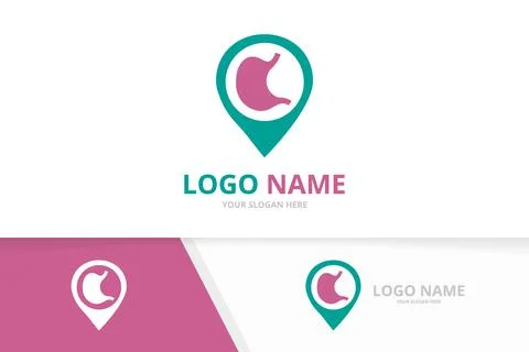 Vector stomach and map pointer logo combination. Gastrointestinal tract and pin Illustrazione stock